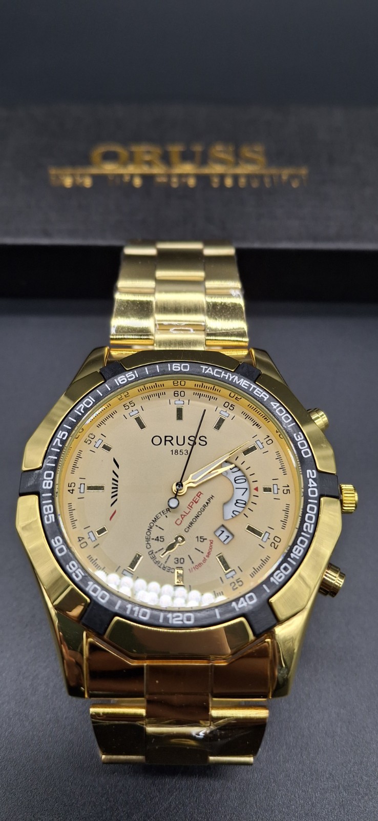 New Mens Oruss 1853 Round Gold Tone Gold Bezel Date Analog Quartz Watch