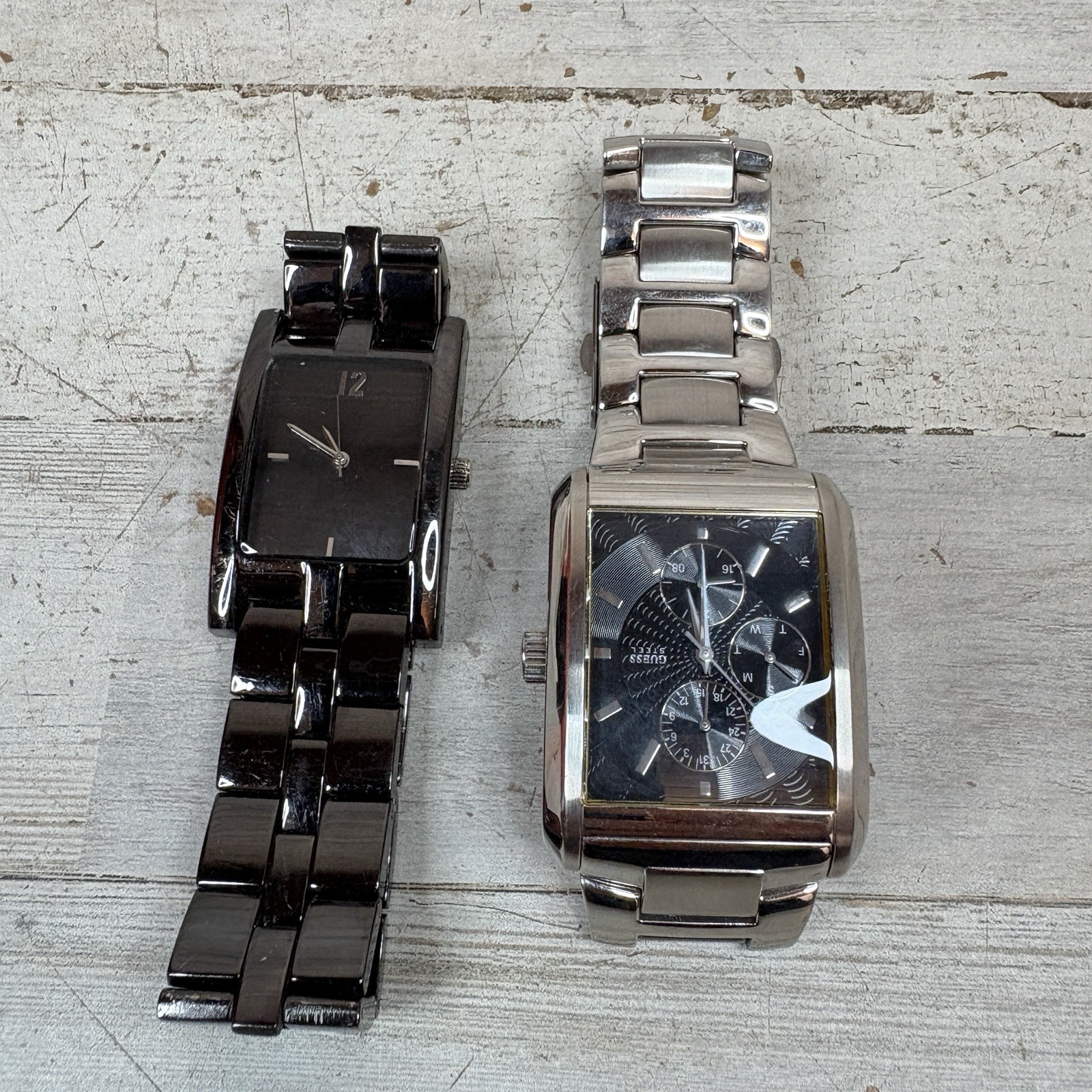 Lot Of 2 Rectangular Watches Guess Anasteel 2005 & Allude Black *Read