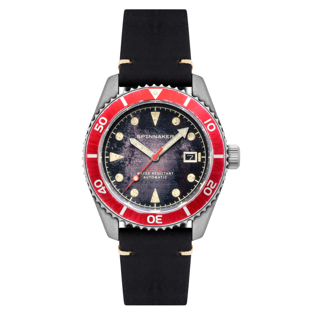 Spinnaker Wreck Red Ring & Gray / Leather | Black Dial 44mm Japanese Automatic W