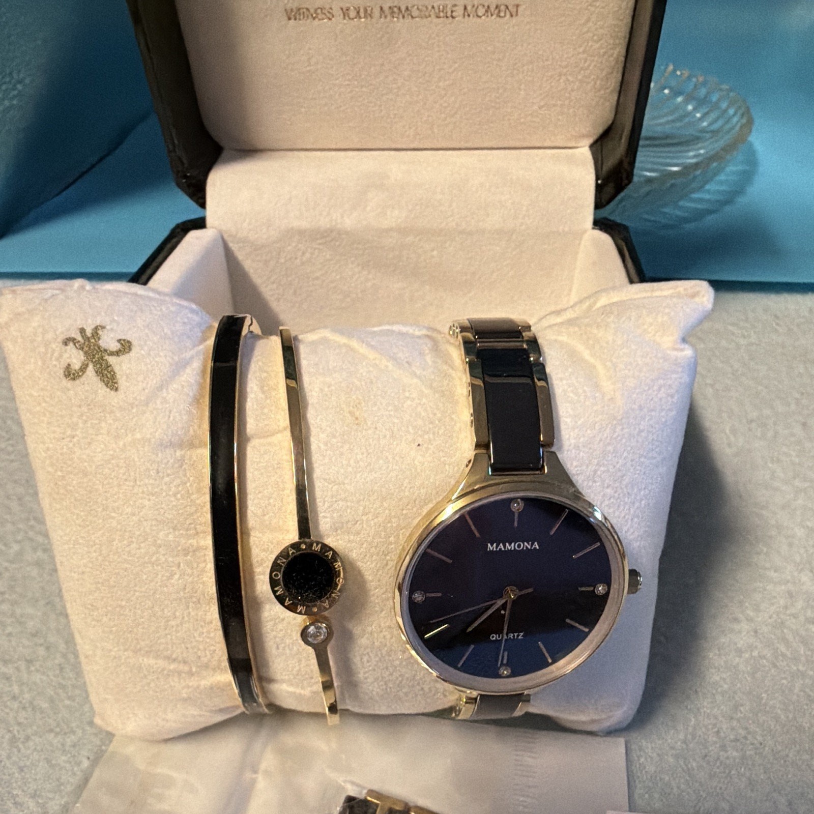 MAMONA Women’s Quartz Watch Blue & Black/Gold Bracelet Box Papers Needs Battery