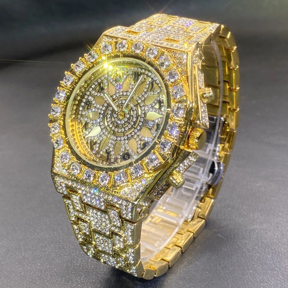 Arabic Luxury Hip Hop Custom Bling Ice out Men Watch Gold Iced Simulated Diamond