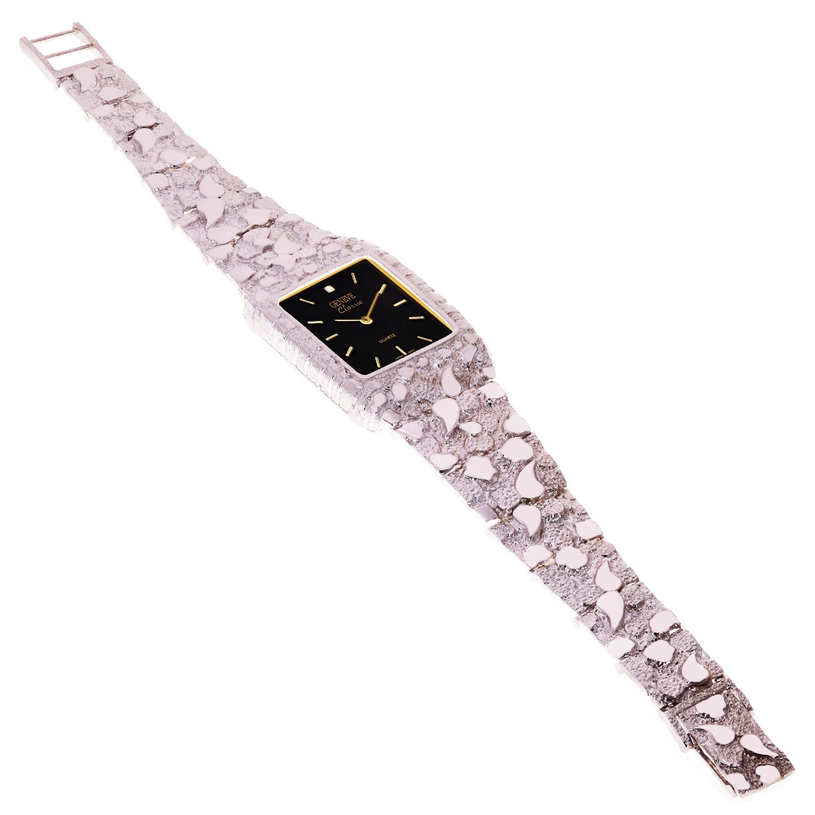 925 Sterling Silver Nugget Link Bracelet Geneve with Diamond Watch 7-7.5″ 44gram