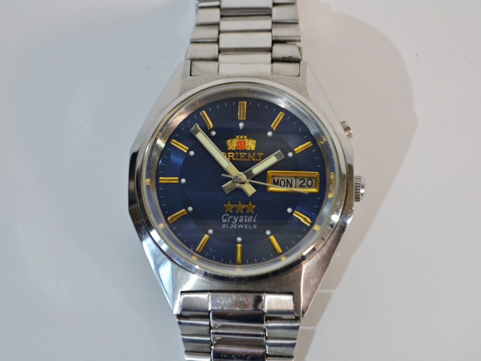 Vintage Orient 3 Star Automatic Watch Day Date Blue Dial 21 Jewels Japan