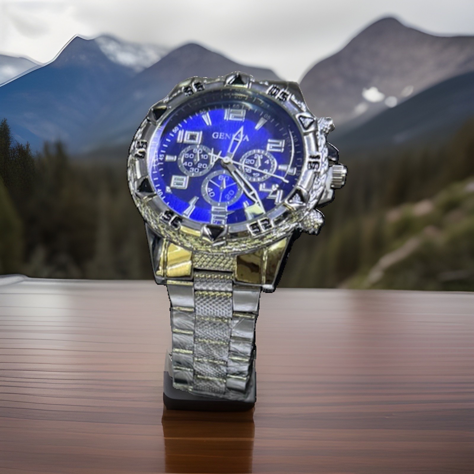 Geneva Chronograph Quartz Analog Watch Blue Dial Silver Tone Metal Bracelet