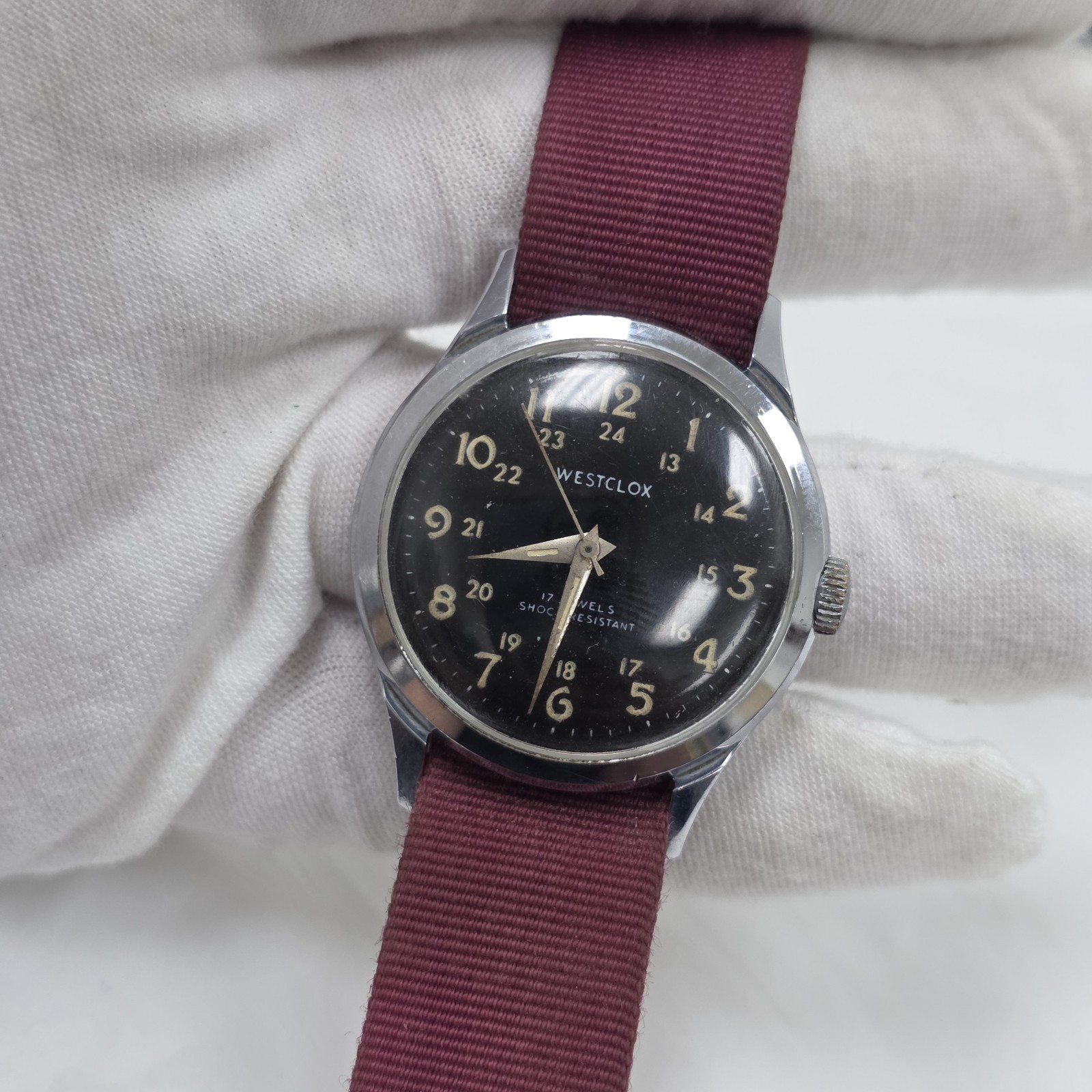 Vintage Westclox Mens Military Style Wrist Watch 24 Hour Black Dial 17 Jewel