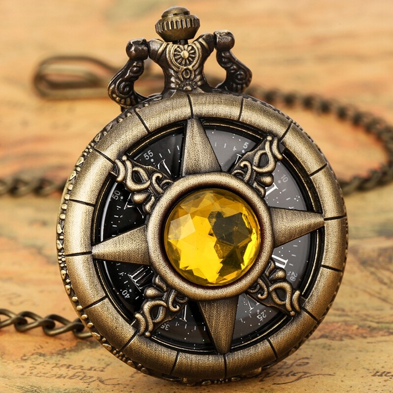 Steampunk Bronze Quartz Pocket Watch with Stone Decoration Chain Women Men Gifts