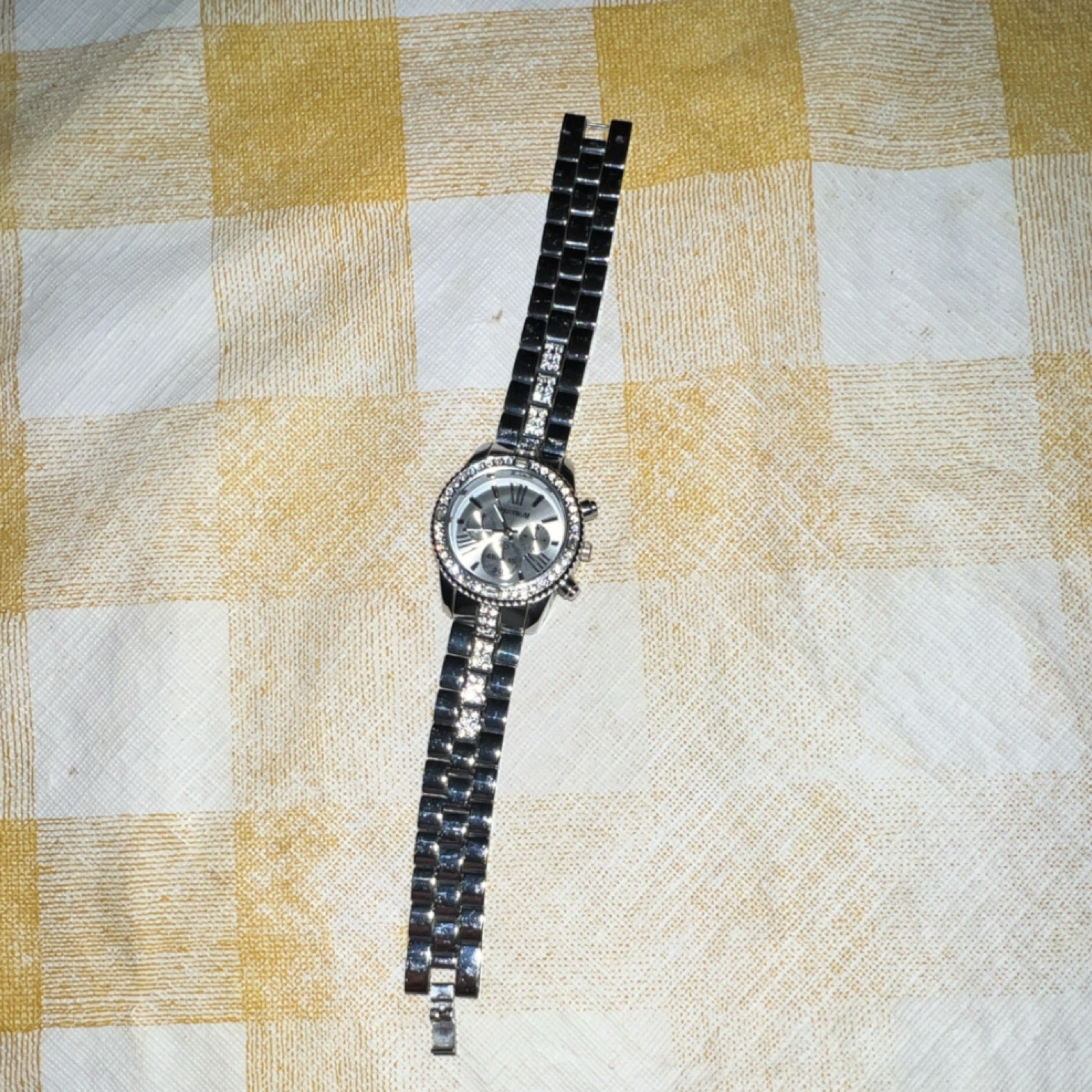 Spectrum Silver Round Analog Multi-Dial Wristwatch with Gem-Set Bezel