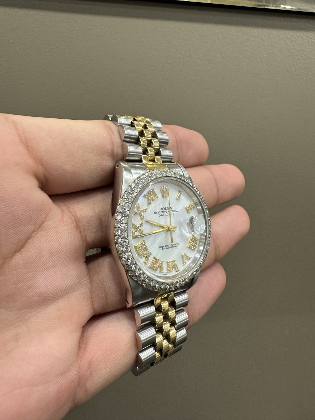 Rolex Datejust Two-Tone 18kt Bracelet White Roman Dial Diamond Bezel Date w/ Box