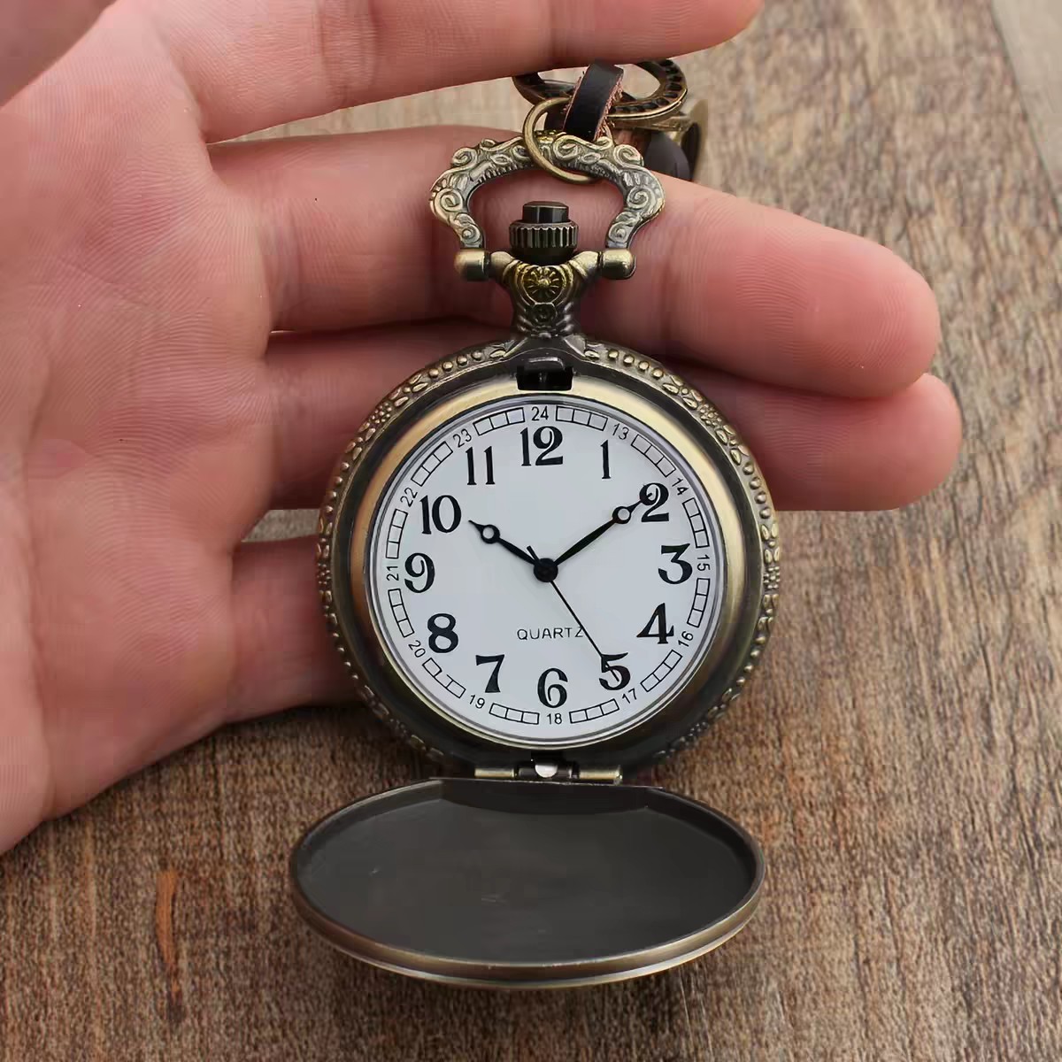 Vintage Quartz Pocket Watch Bronze Embossed Floral Flip-Open Leather Chain