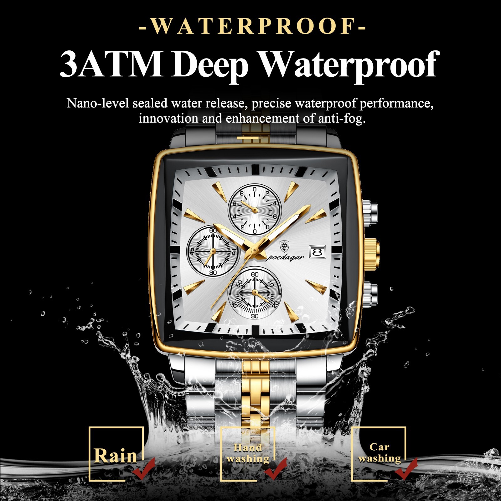 2024 POEDAGAR Luxury Men’s Quartz Watch Square 3Bar Chronograph Stainless Steel