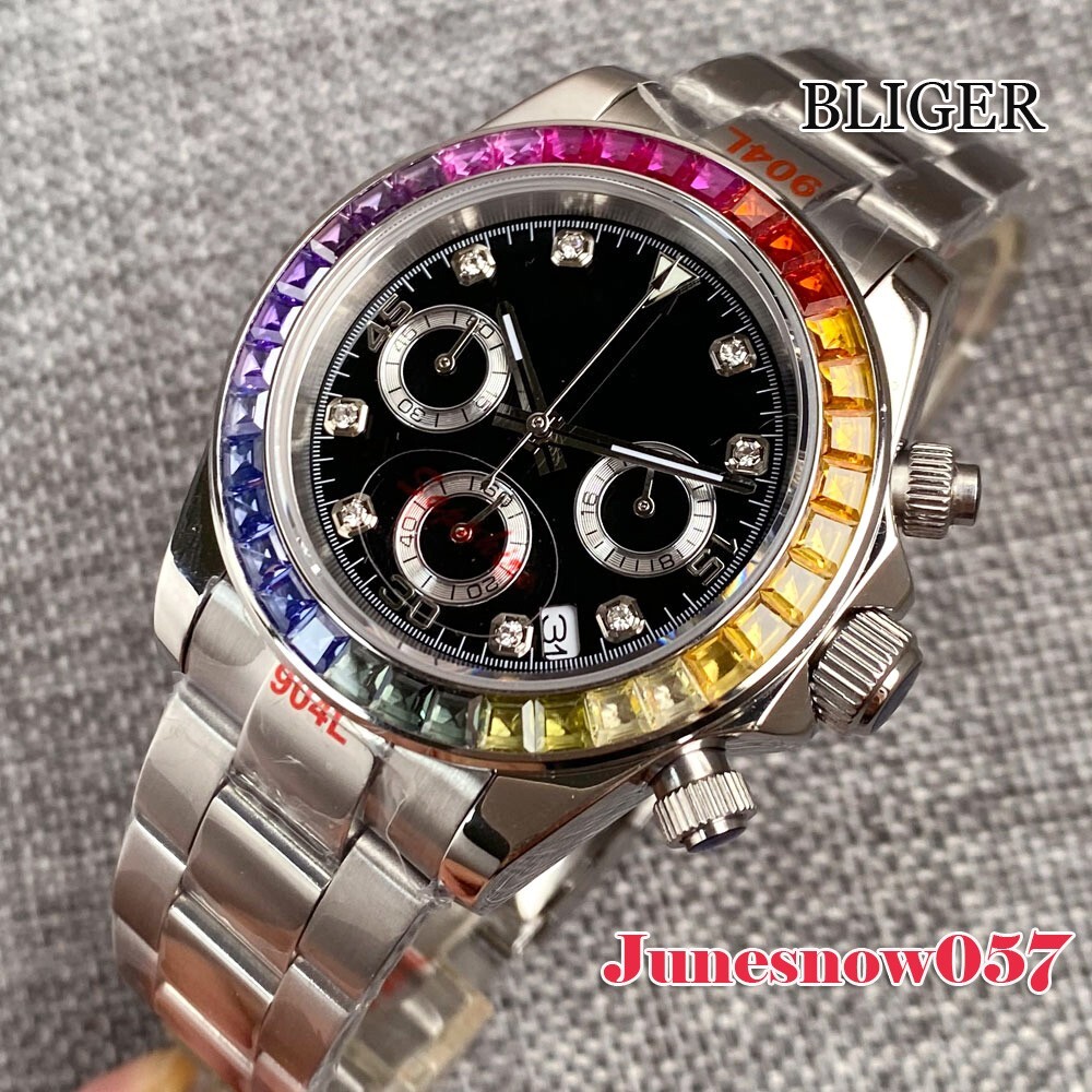 Bliger Men Watch Black Dial Quartz Chronograph Date Function Multicolour Bezel