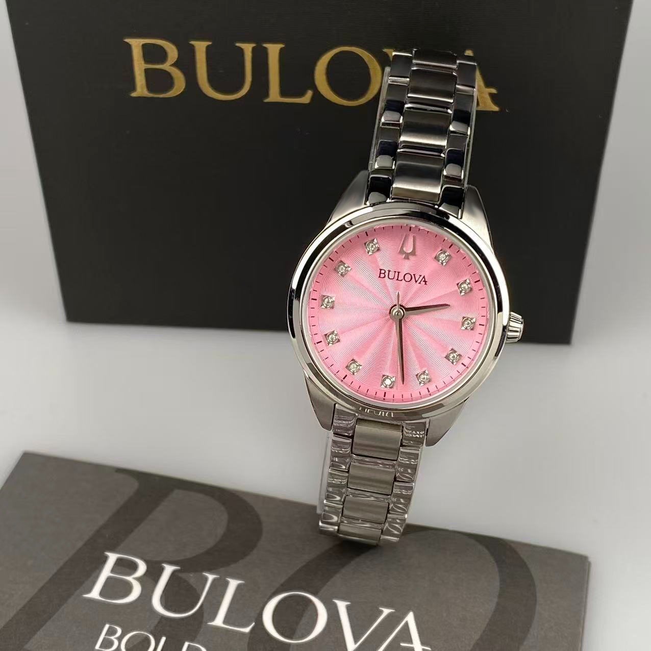 Bulova Sutton Diamond Pink Dial Stainless Steel Women’s Quartz Watch 96P249 28mm