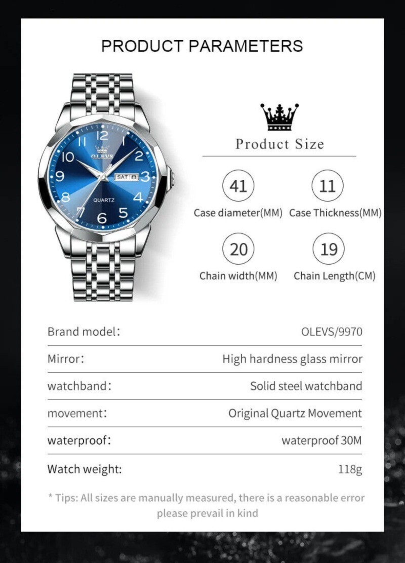 OLEVS Luxury Men’s Quartz Watch Business 3 Bar Luminous Stainless Steel Watch