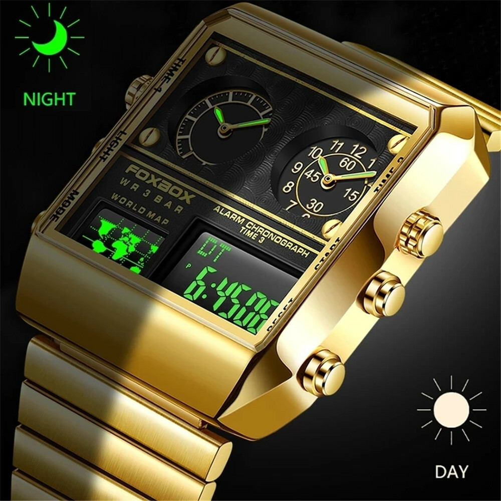 KC LIGE FOXBOX Men Rectangle Watch Steel Quartz Business Digital Wrist Watch