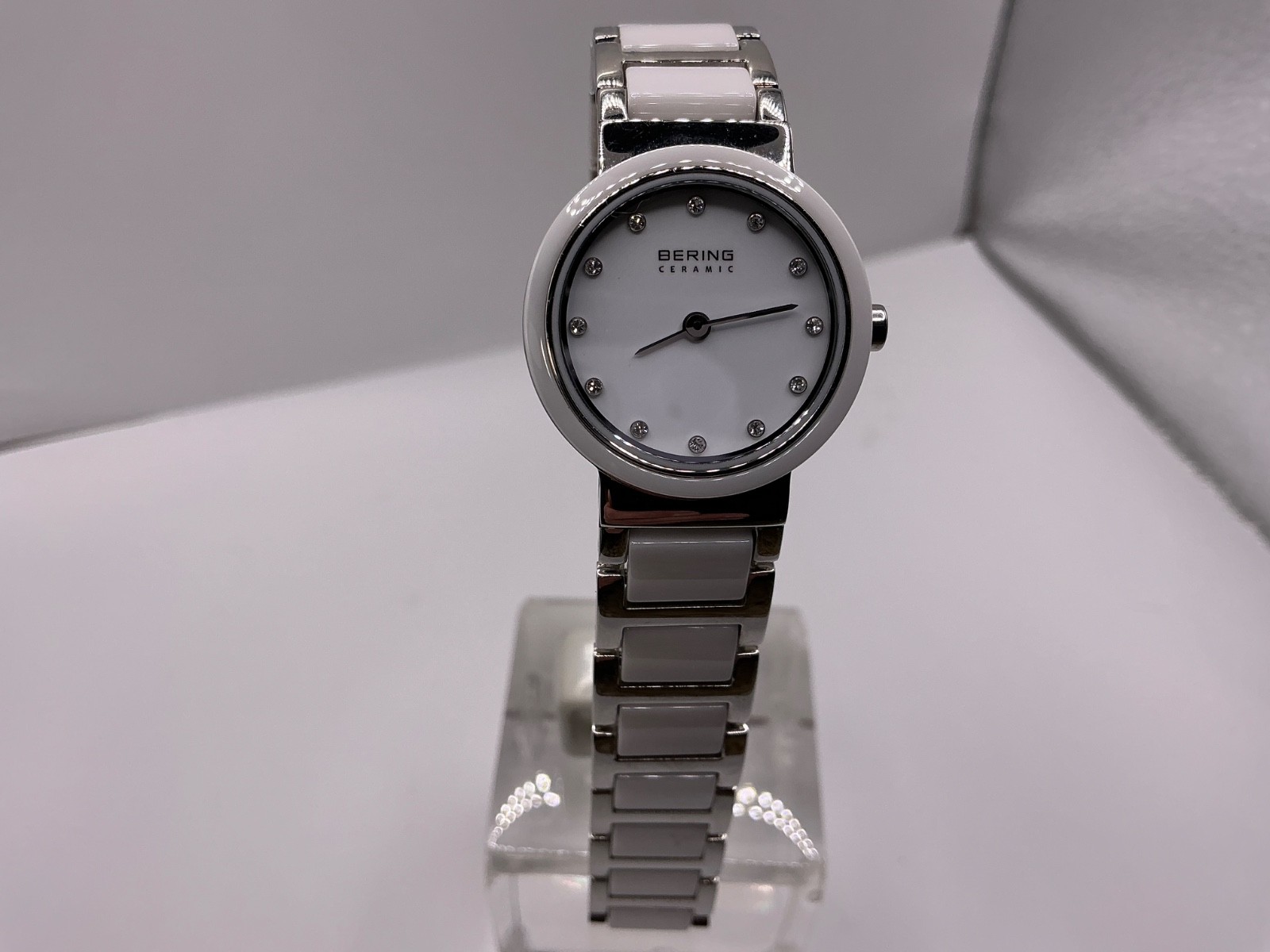 Bering Time Diamond Dial White Ceramic Link Ladies 25MM Quartz Watch 10725-754