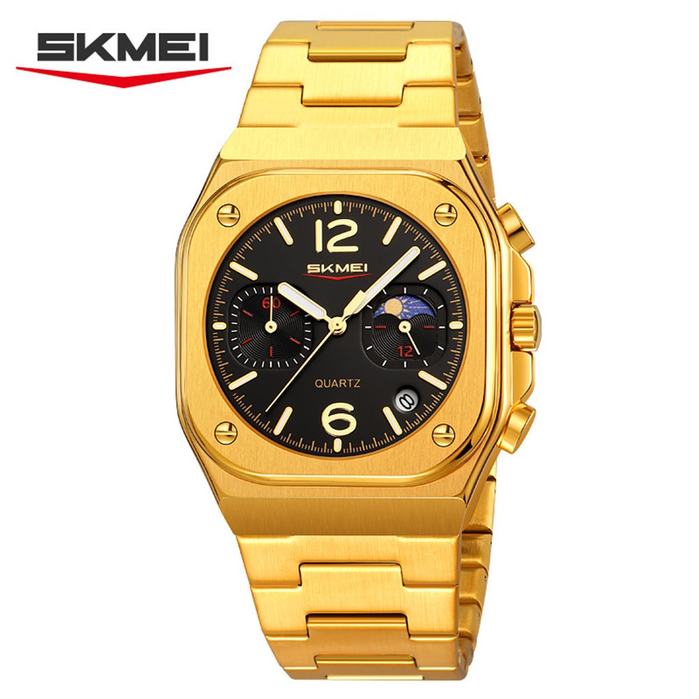SKMEI Men Quartz Watch Multifunction Stopwatch Gold Steel Wristwatch Male Watch