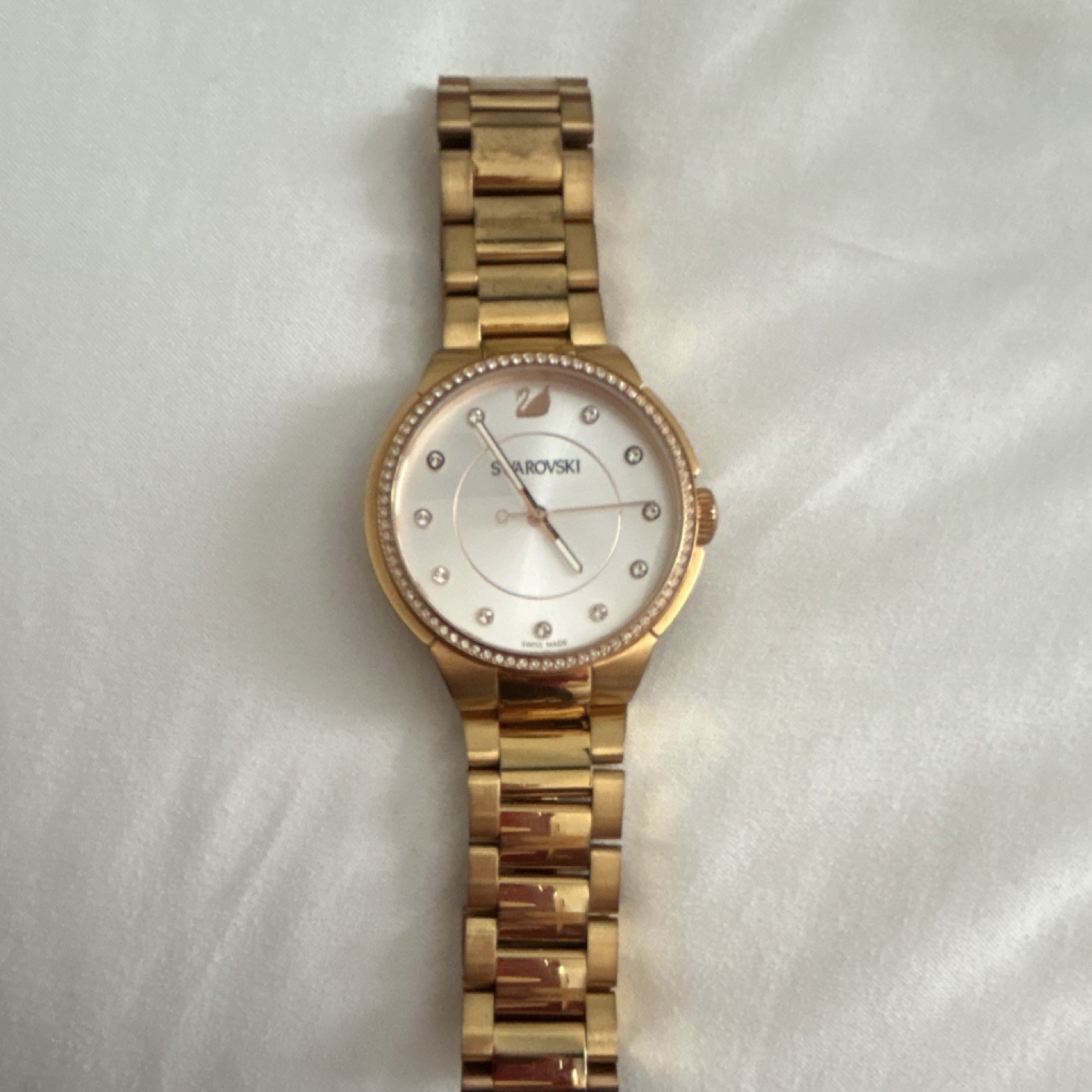 Swarovski Women’s Gold Tone Metal Bracelet Watch White Dial Gem-Set Bezel