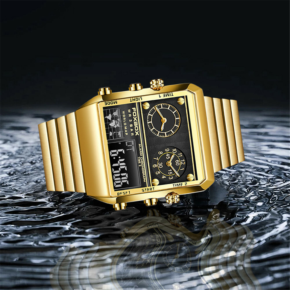 KC LIGE FOXBOX Men Rectangle Watch Steel Quartz Business Digital Wrist Watch