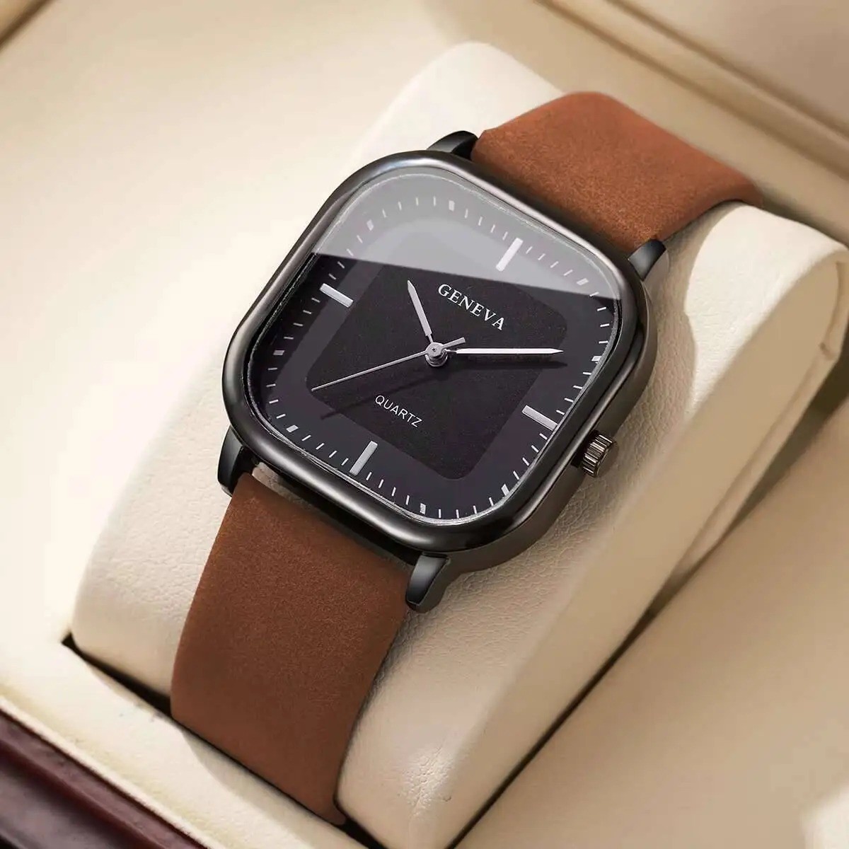 Fashion Square Dial Men’S Watches Minimalist Quartz Watch Casual Leather Strap W