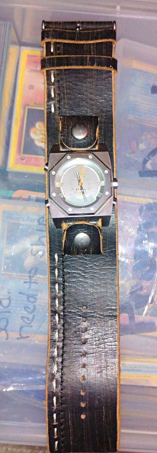 Fossil Atari Quartz Analog Octagon Watch Black Leather Band w/ Tin Box