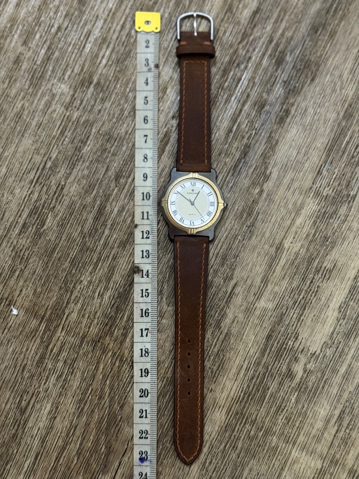 Vintage Junghans Quartz Two-Tone Roman Dial Men’s Watch 34.8mm New Leather Strap