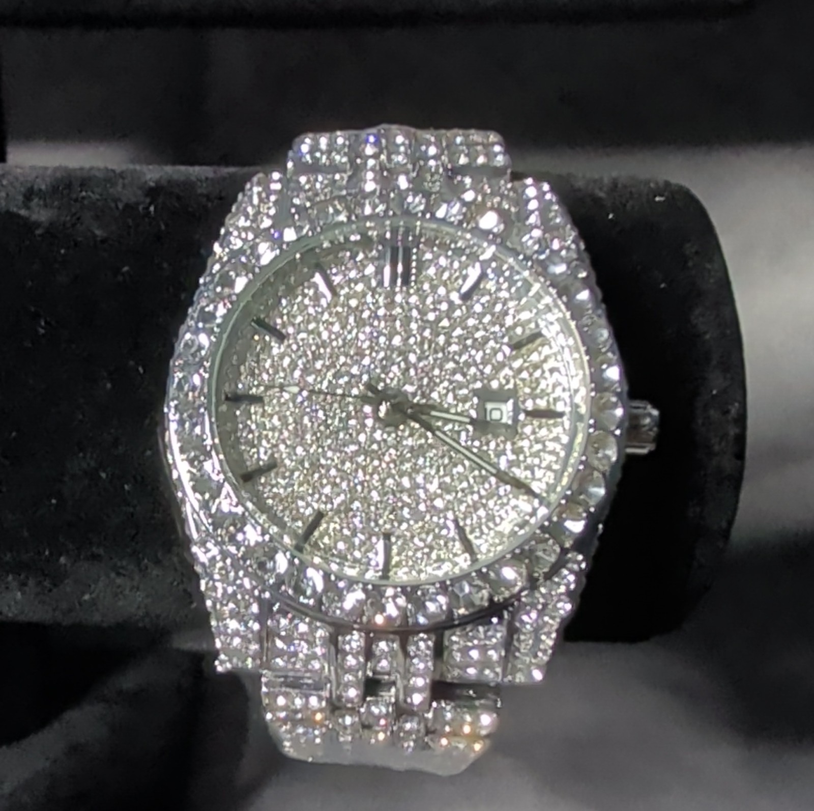 Silver Round AJ Luxury VVS Diamond Accent Date Indicator Roman Numerals Bra…