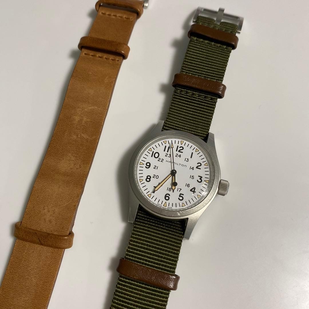 Hamilton Khaki Field Military Watch White Dial Leather & Nylon Straps Used