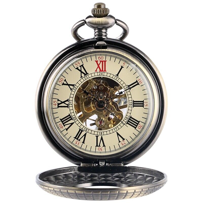 Bronze Men’s Hand-winding Mechanical Pocket Watch Pendant Chain Skeleton Dial