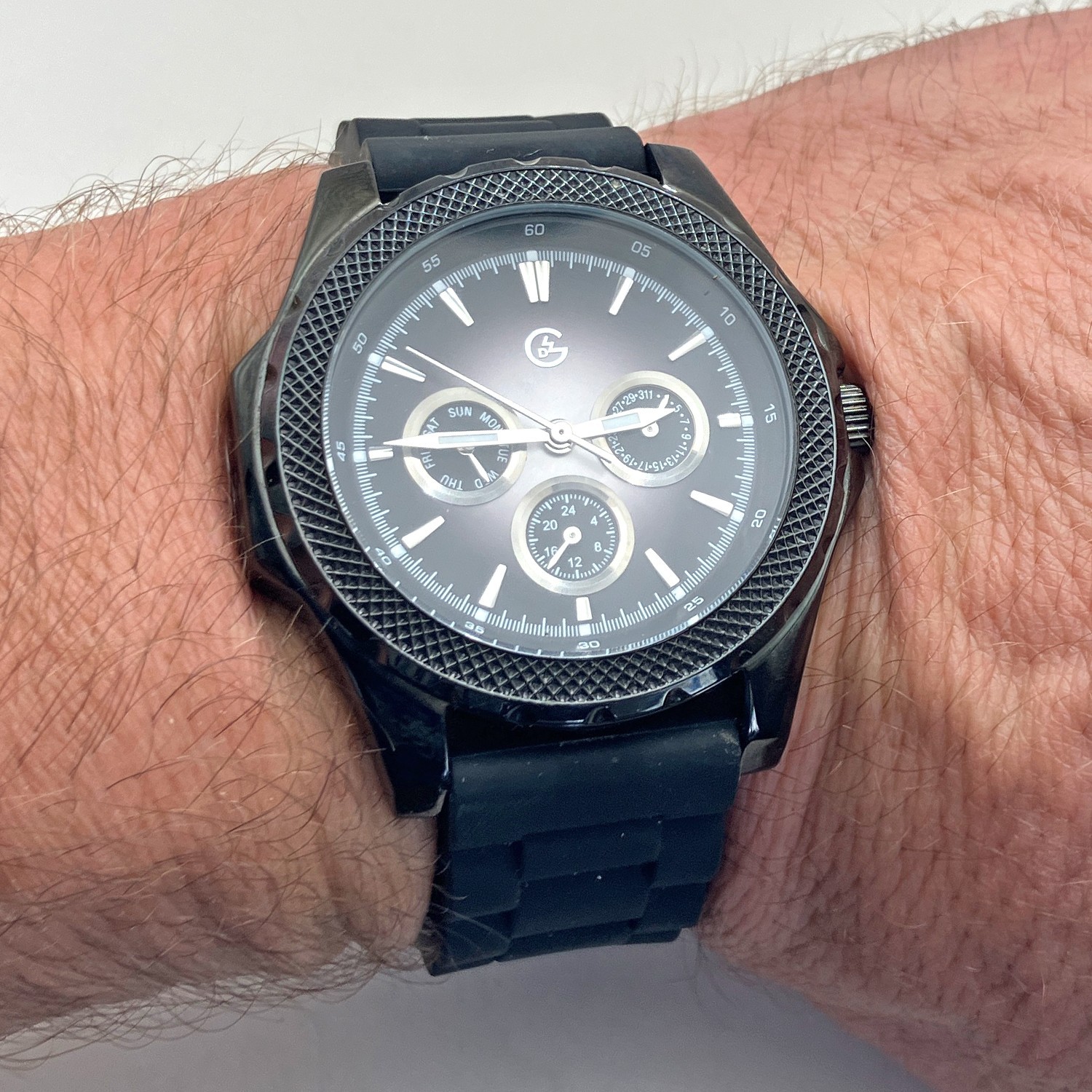 George Urge Multi Function Day Date Watch Black Steel WR 330ft 42mm Mens