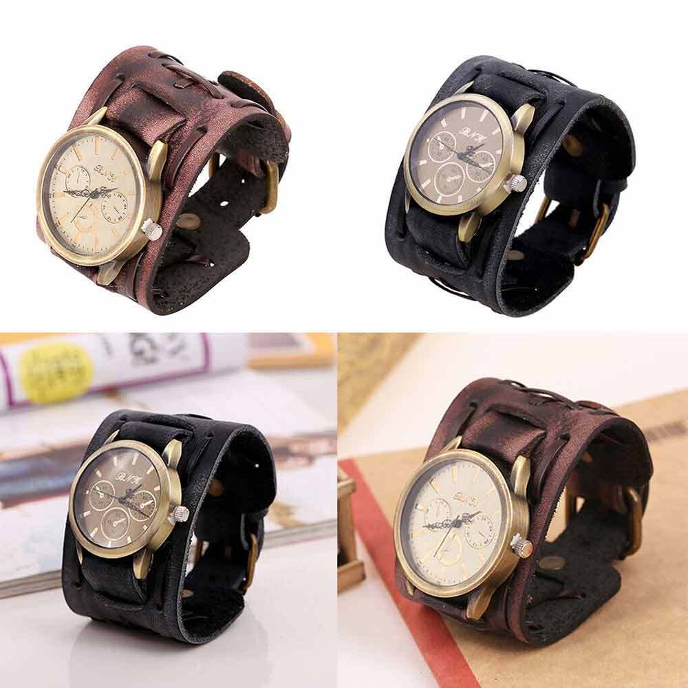 Retro Punk Rock Leather Bracelet Cuff Men Wrist Watch Wide Band Quartz Watch