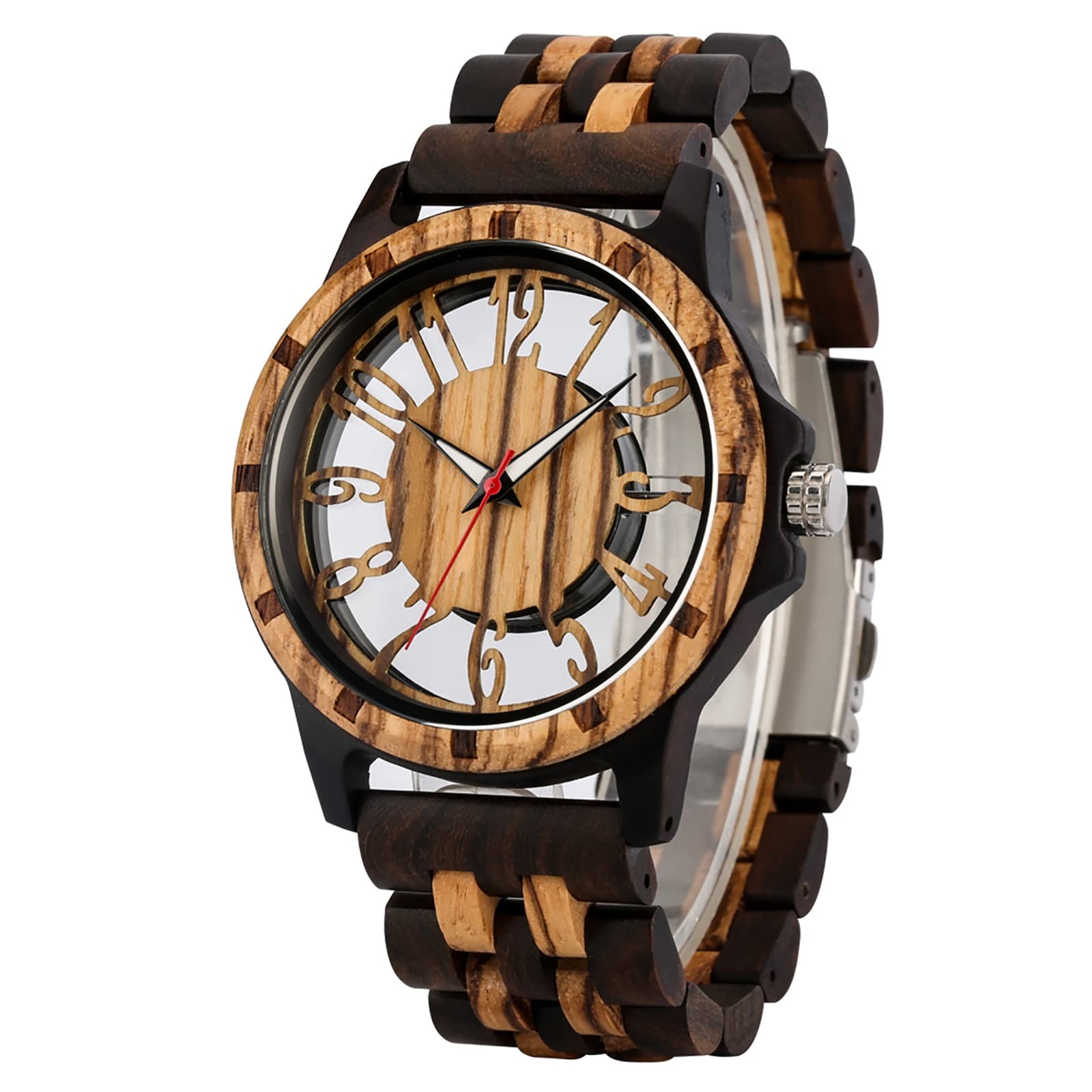 Zebra Wood Quartz Men’s Watch Ebony Brown Foldover Clasp Wooden Wristwatch Band