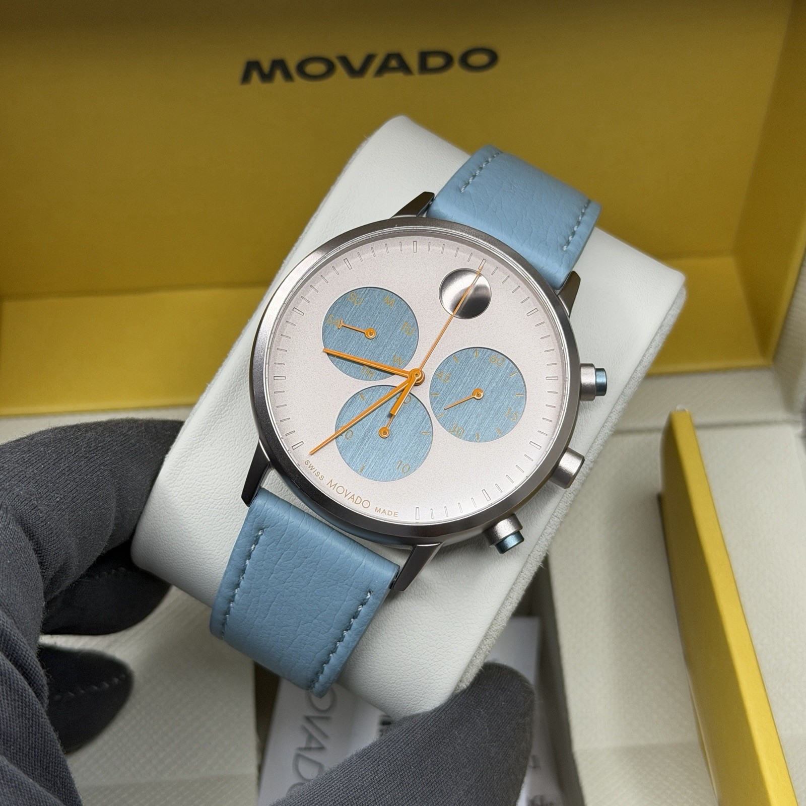 NEW✅SWISS✅ Movado FACE Silver Dial Blue Leather Chrono Aluminum Watch 3640148