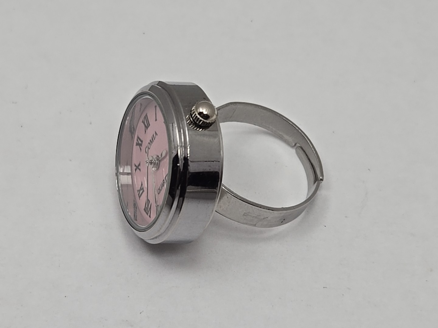 Gomia Pink Dial Ring Watch Roman Numerals Silver Stretch Band New Battery Ladies