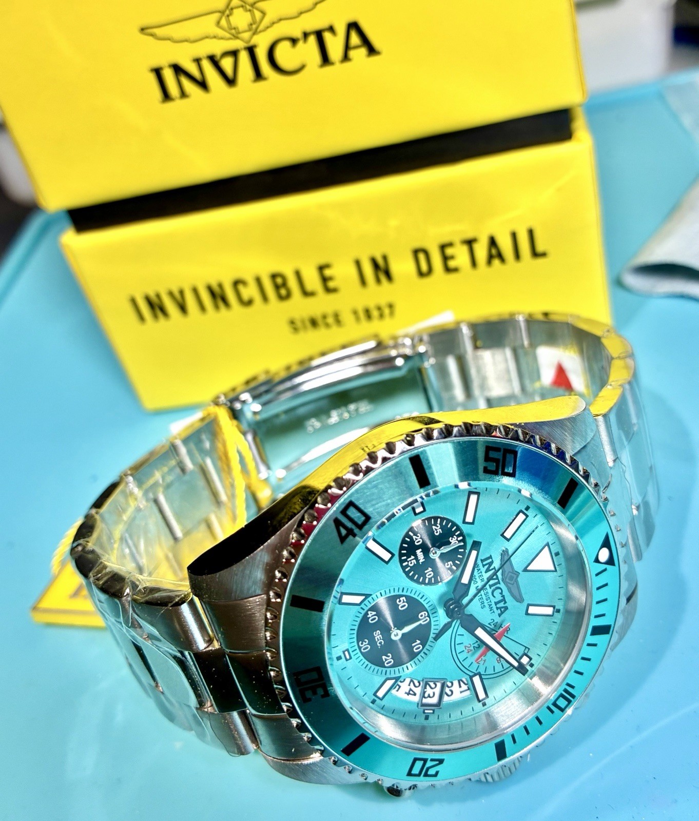 INVICTA PRO DIVER 44MM CHRONOGRAPH DATE TURQUOISE SUNBURST MULTIDIAL WATCH NEW!