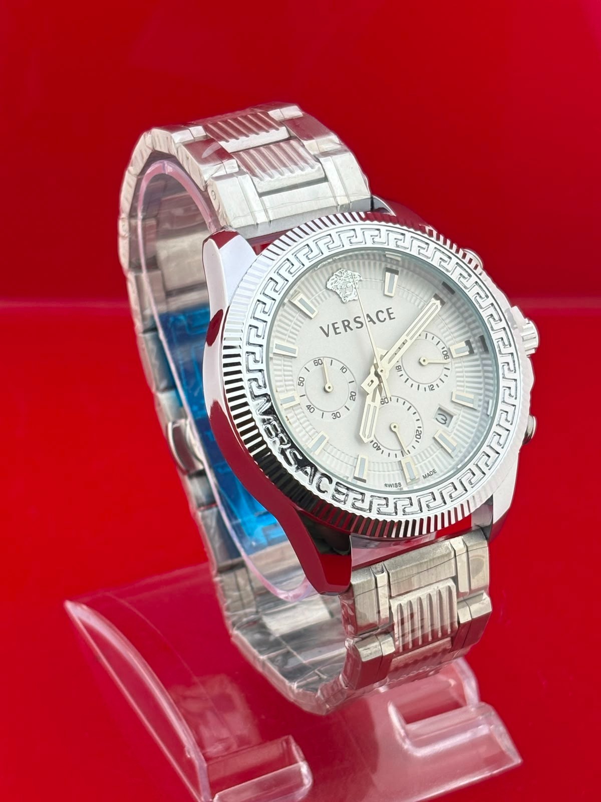 vintage Versace Chronograph Silver dial With wristwatch fully working condition