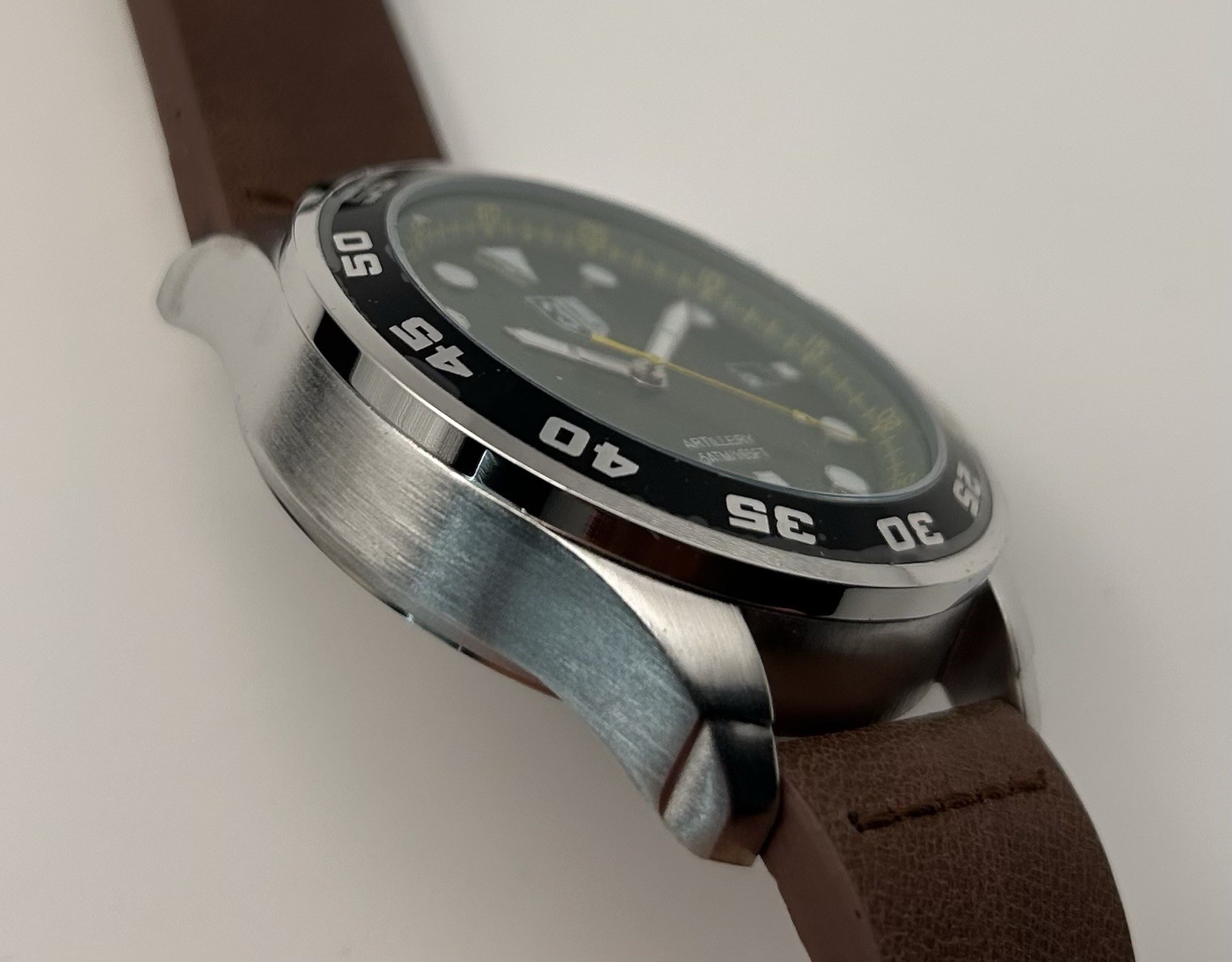 Three Leagues Men’s Artillery Green Dial Black & Red Bezel Quartz 43mm Watch