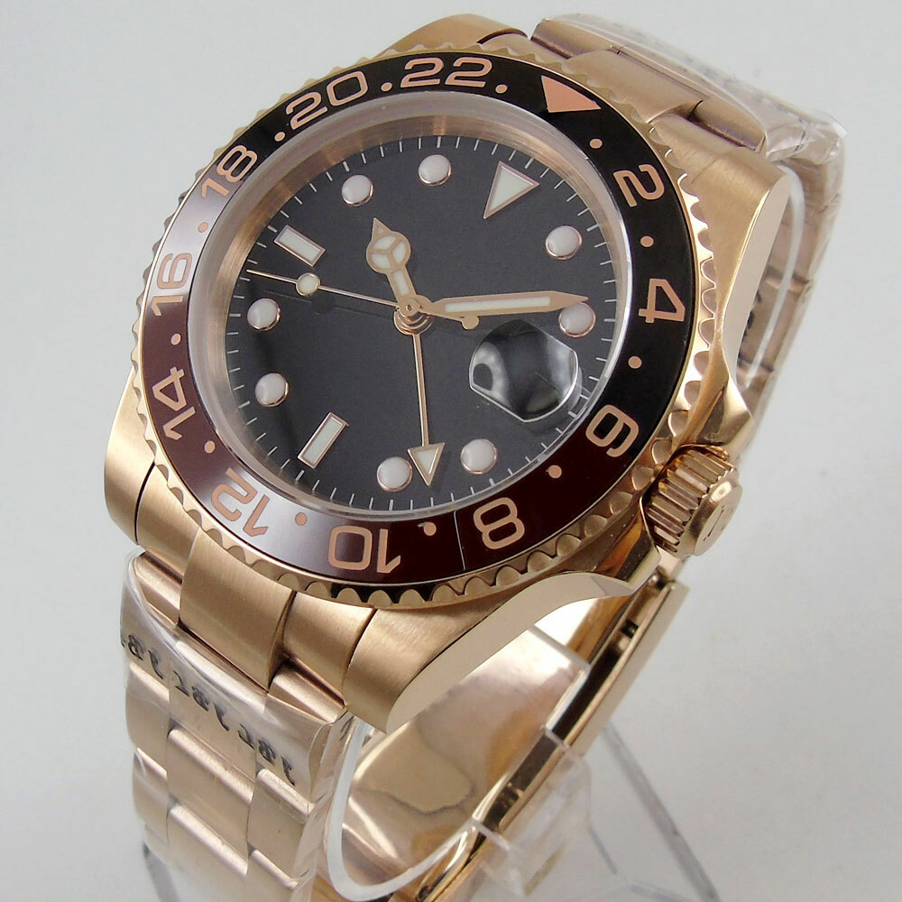 Bliger Sterile Dial Rose Gold Automatic Watch Case GMT Brush Strap Slope Insert