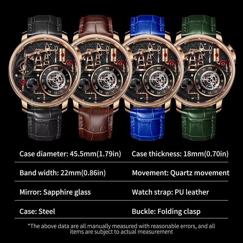 PINDU Oil Pump Quartz Watch 45mm Bobbing Pump Push Button Sapphire Leather 5Bar
