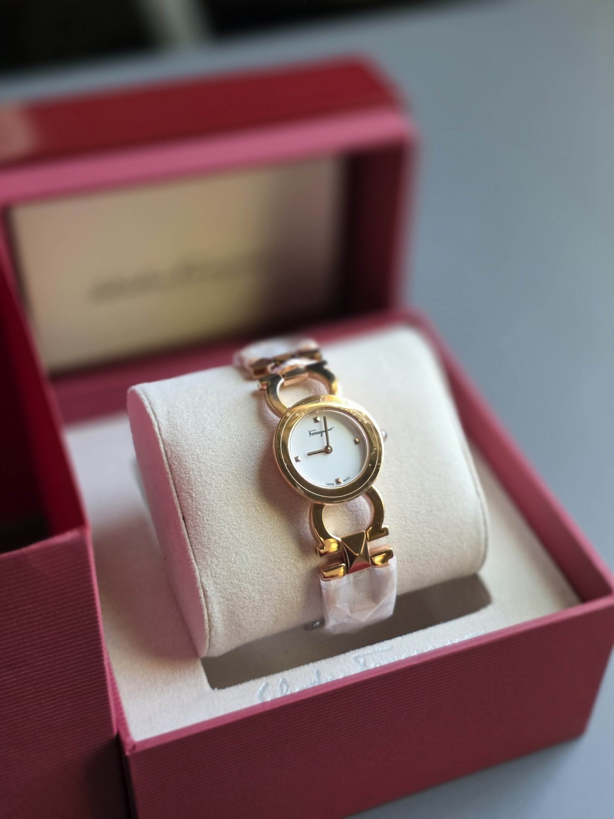Brand New Ferragamo Double Gancini Stud IPRG Women’s Bracelet Watch- SFMI00322