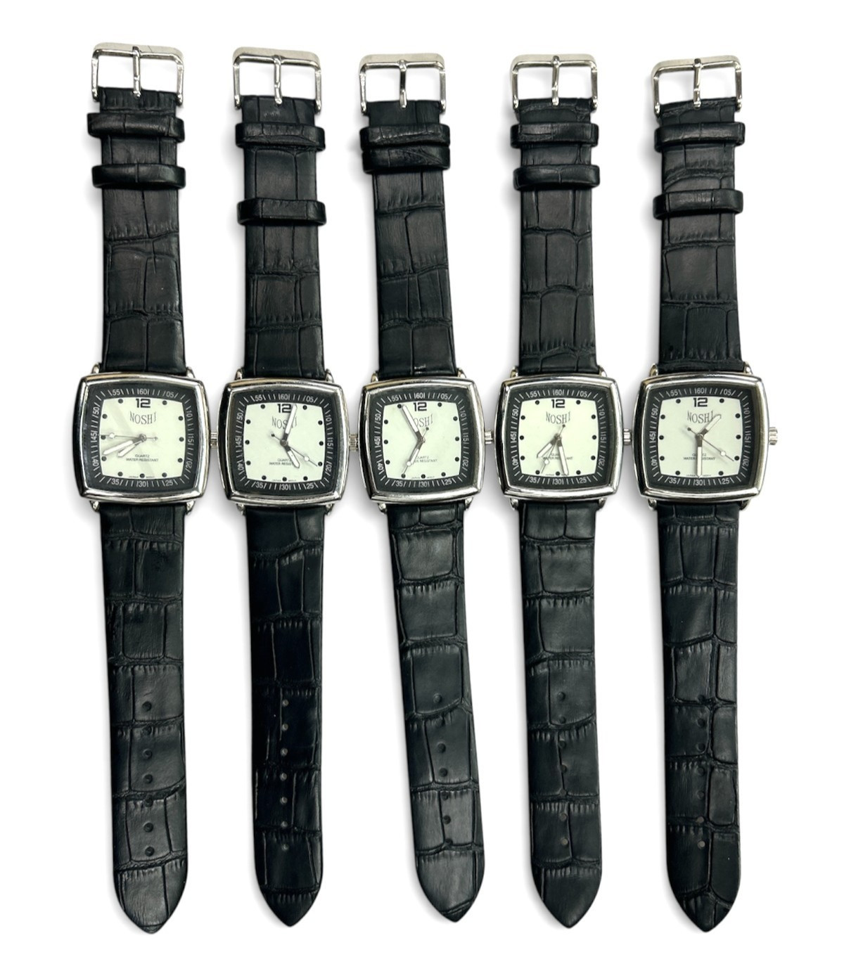 Lot of 5 Noshi Square Silver-Tone Dial Watches , Black alligator Leather Straps