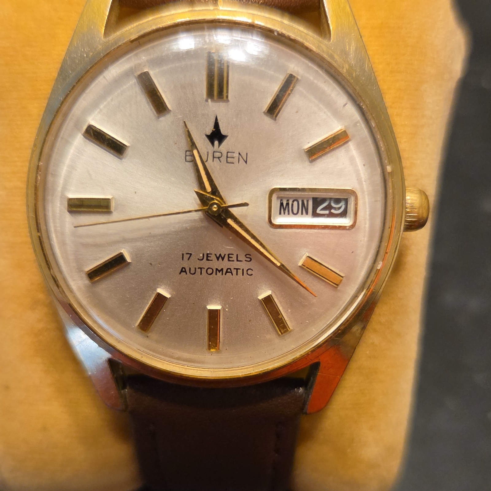 Buren Series 39945 Automatic 17J Day/Date 35mm Silver Dial Brown Leather