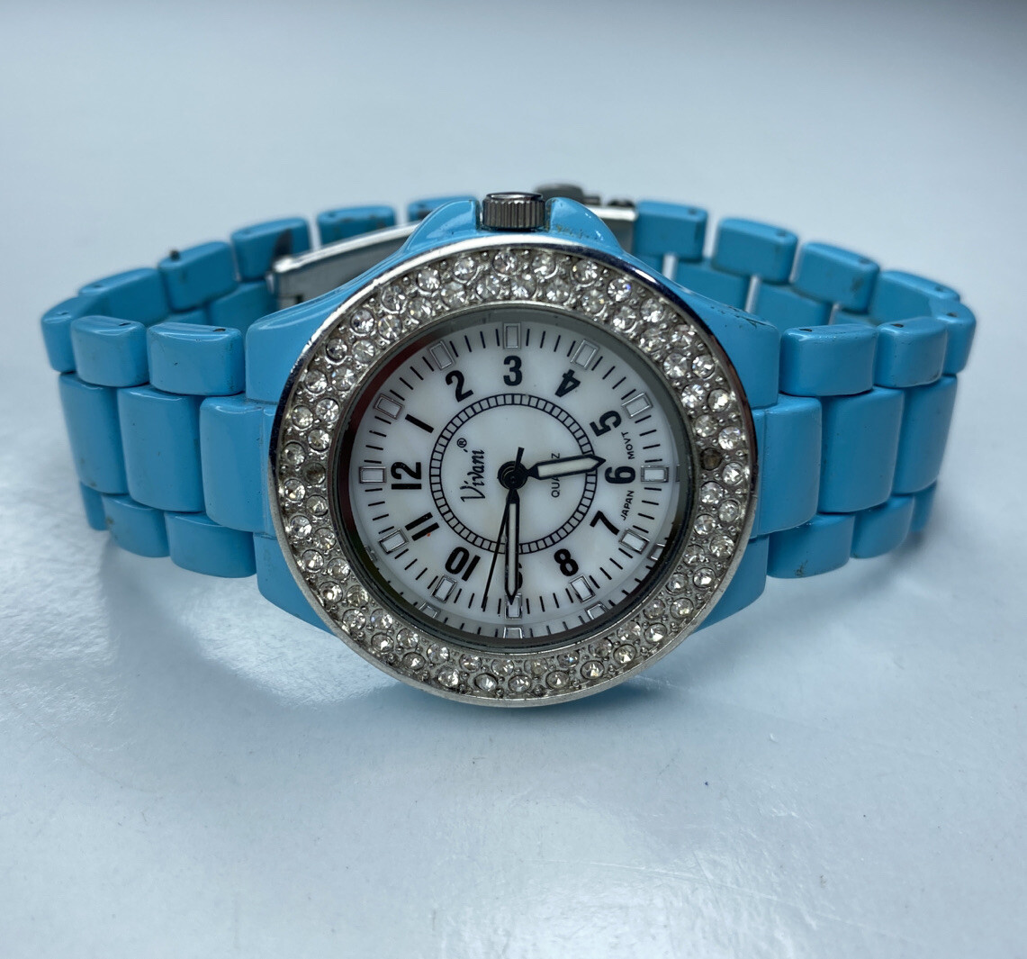 E Vivani Blue Enamel Silver Crystals Japan 1102 Accutime Stainless Untested