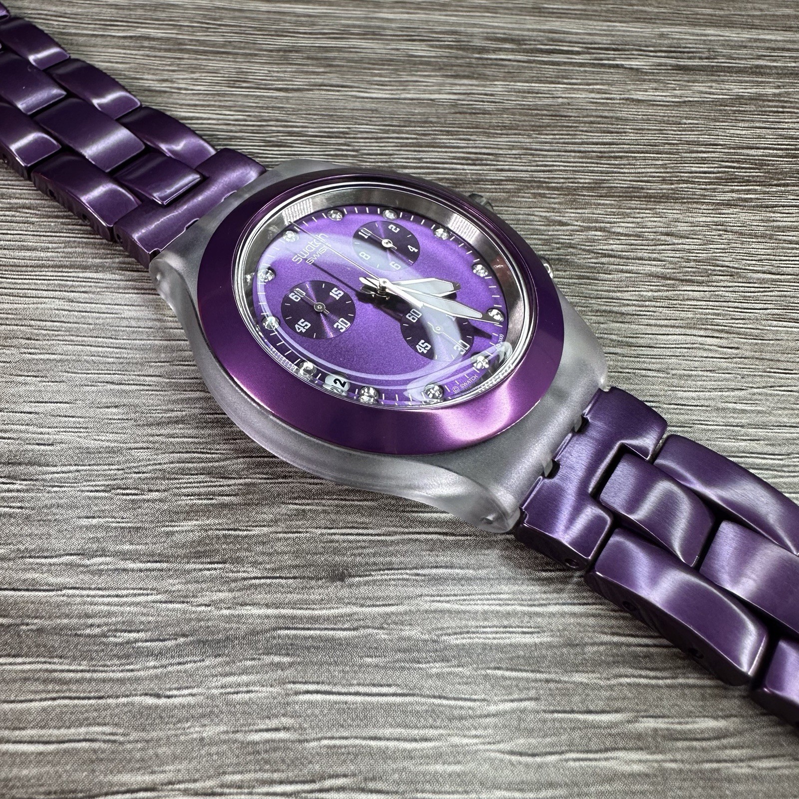 NEW✅ SWATCH IRONY FULL BLOODED PURPLE CHRONO ALUMINUM 43MM WATCH SVCK4048