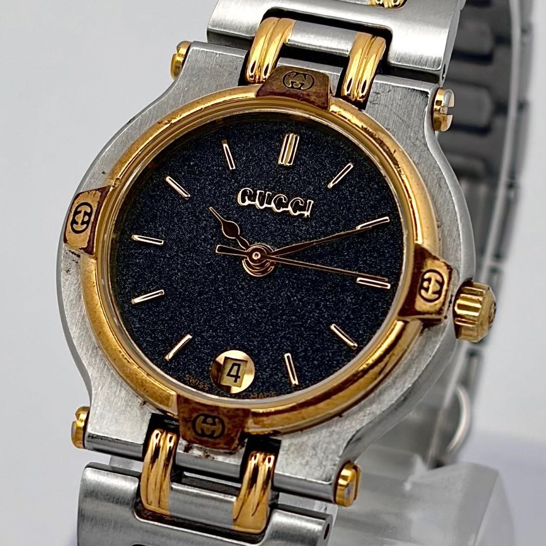 Gucci 9000L Ladies Quartz Two-Tone Gold Black Dial Watch Japan 074867