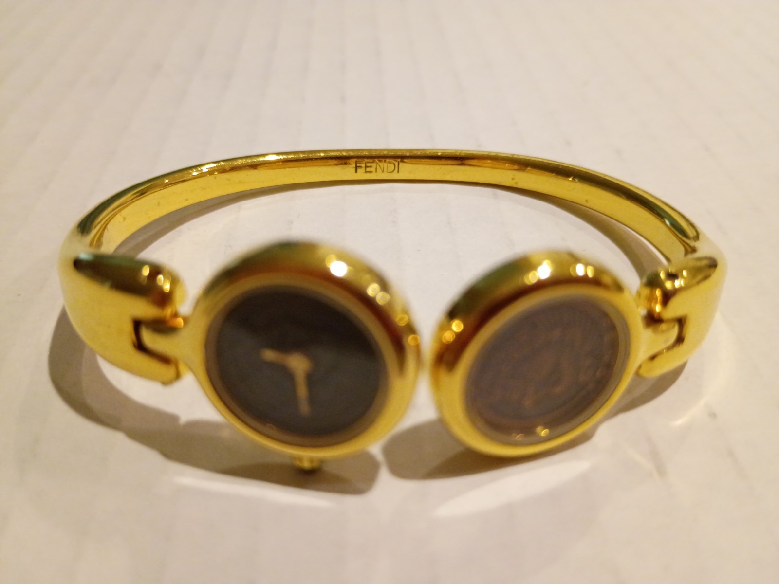 Fendi 1925 Double Greek Roman Face Bangle Bracelet Watch Coin Motif Vintage
