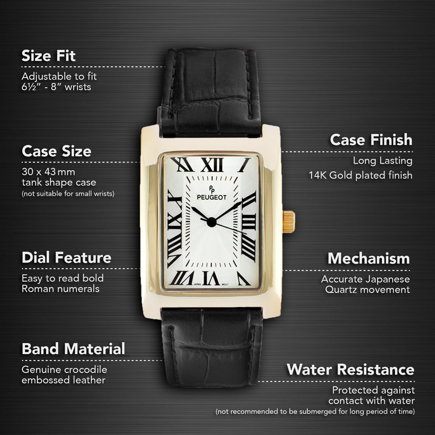 Vintage 14K Gold Plated Men’s Tank Watch, Roman Numeral Dial, Elegant Design