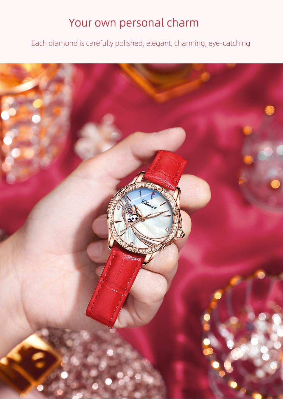 CHENXI Women Leather Hollow Out Luminous Waterproof Automatic Mechanical Watch