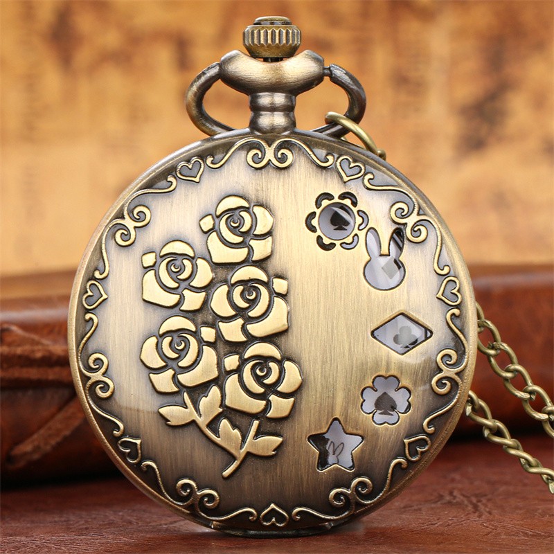 Bronze Rose Flower Pocket Watch for Women Quartz Movement with Necklace Chain