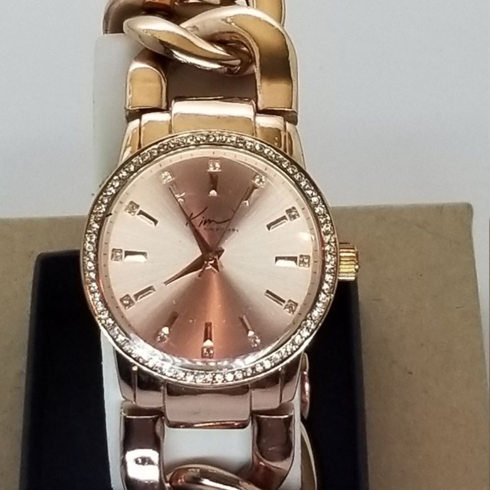 Kim Rogers Ladies Watch Gold Tone Rhinestones Chain Link Fold Over Clasp 170