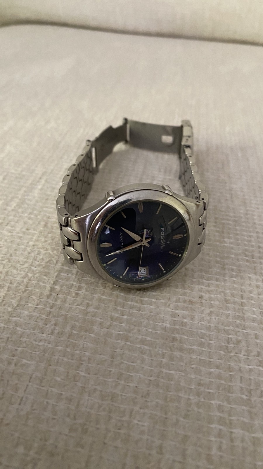 USED Fossil Arkitekt Three-Hand Stainless Steel Watch Blue Dial FS2949 FREE SHIP